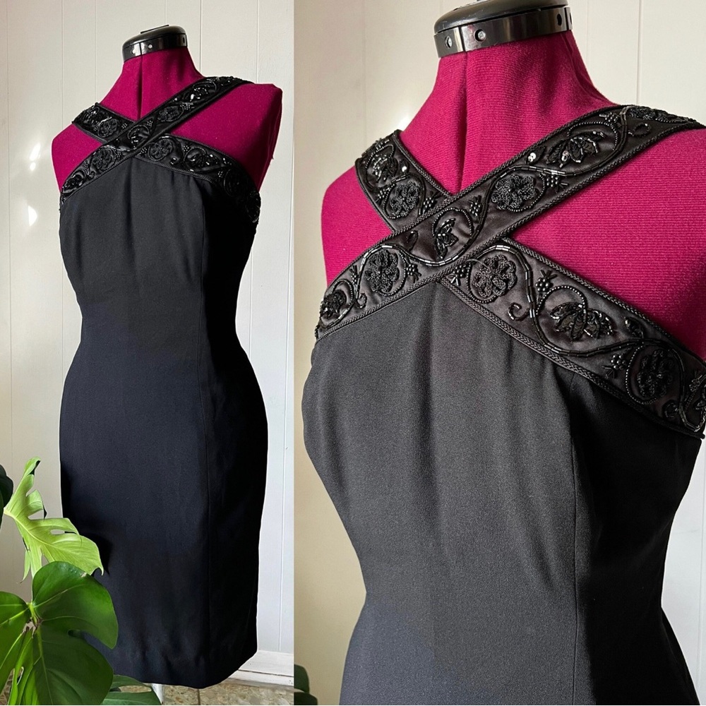 90s Rimini Black Strappy Beaded Mini Dress